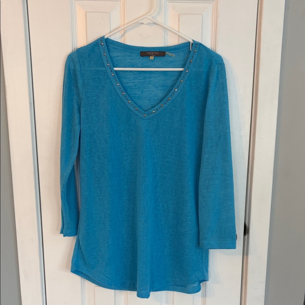 Essentials by Milano Blue V-Neck Long Sleeve Top with Stud Details